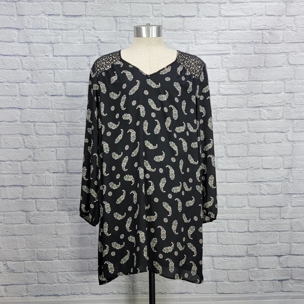 Women's PLUS SIZE Black Paisley Long Sleeve Tunic Crochet Pleated Tunic XXL